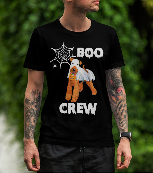 Airedale Terrier Boo Crew Halloween Ghost Costume With Spider Web And Pumpkin T-Shirt