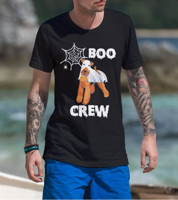Airedale Terrier Boo Crew Halloween Ghost Costume With Spider Web And Pumpkin T-Shirt