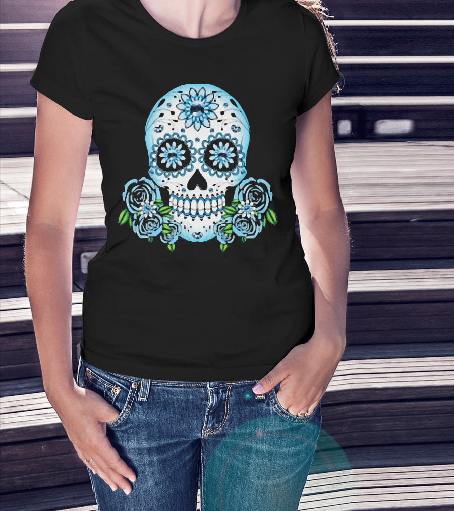 Blue Flowers Sugar Skull Día De Los Muertos Roses T-Shirt