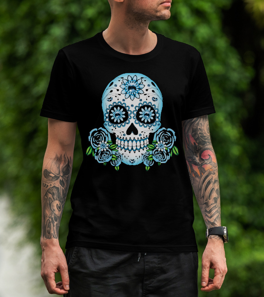 Blue Flowers Sugar Skull Día De Los Muertos Roses T-Shirt