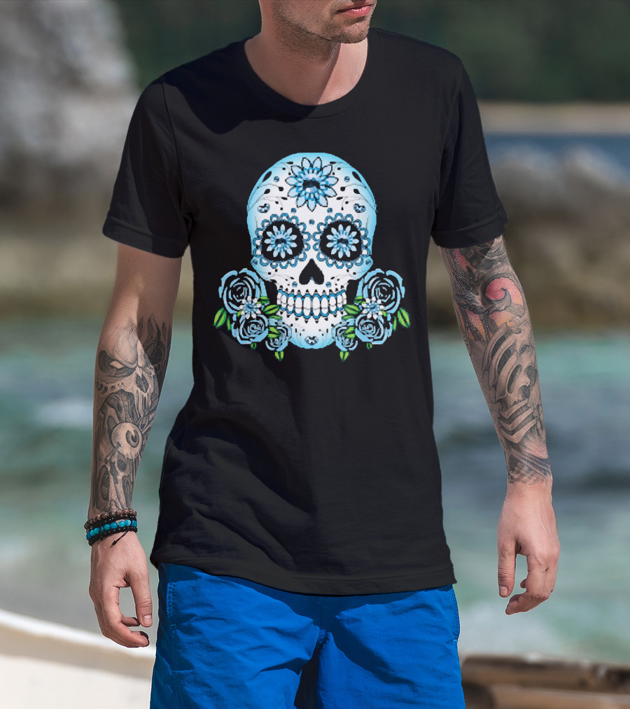 Blue Flowers Sugar Skull Día De Los Muertos Roses T-Shirt