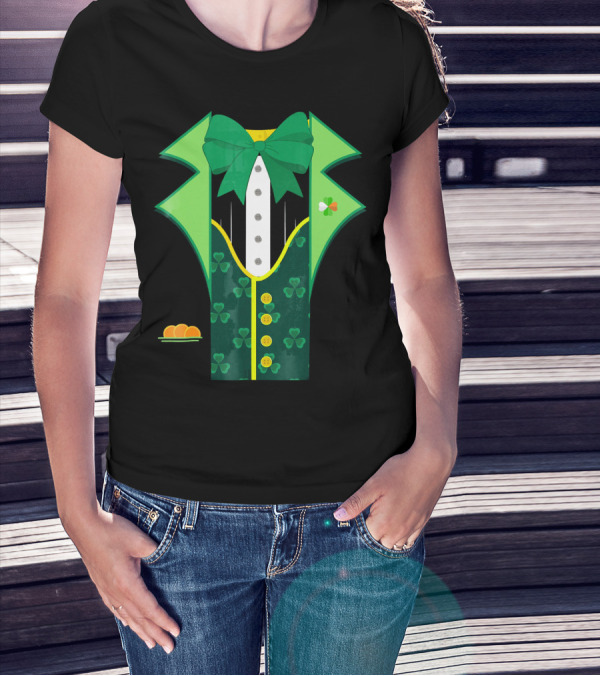 Leprechaun Costume One Sided Green Suit With Bow Tie And Shamrock Symbols T-Shirt