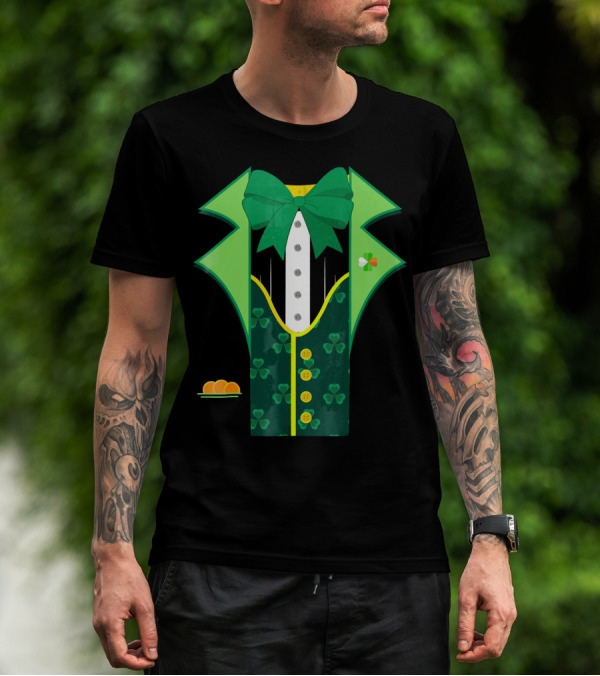 Leprechaun Costume One Sided Green Suit With Bow Tie And Shamrock Symbols T-Shirt