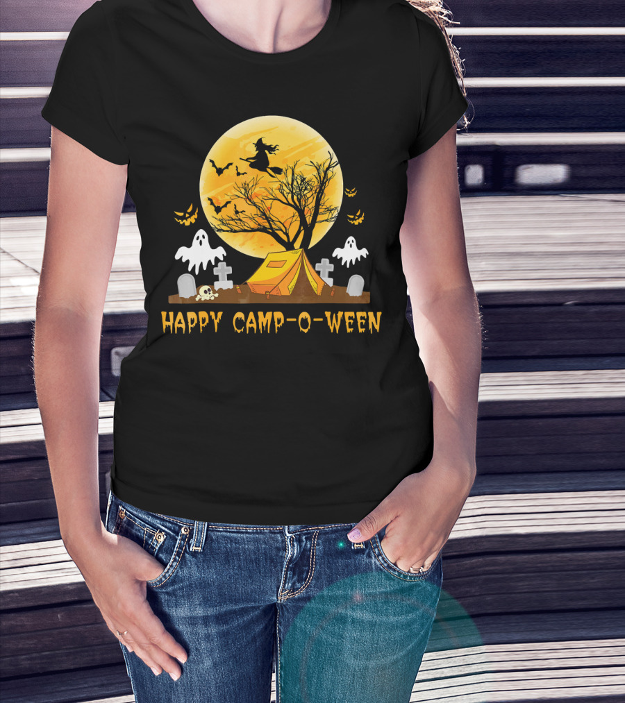 Happy Camp-O-Ween Witch Ghosts Halloween Camping Graveyard Moon T-Shirt