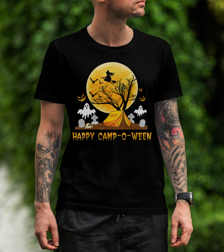 Happy Camp-O-Ween Witch Ghosts Halloween Camping Graveyard Moon T-Shirt