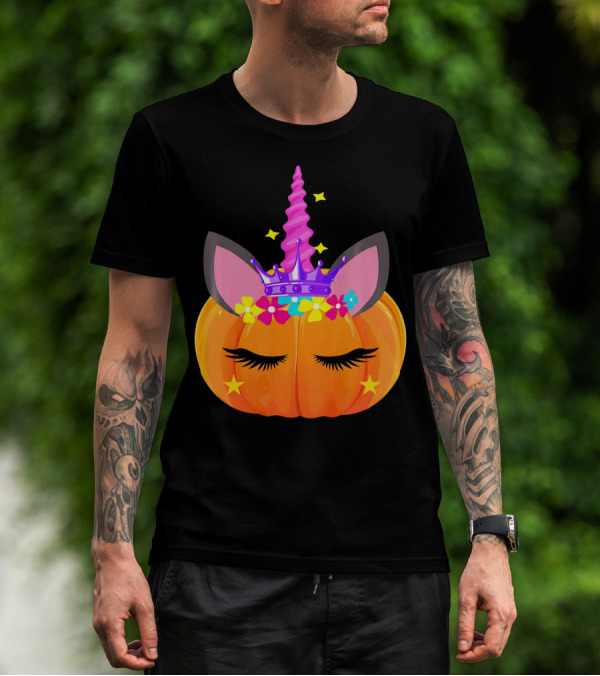 Halloween Pumpkin Unicorn With Floral Crown And Stars T-Shirt