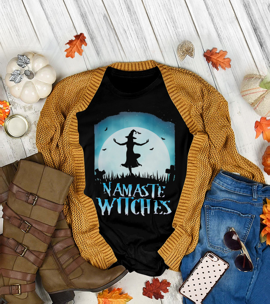 Namaste Witches Yoga Moonlit Halloween Scene with Dancing Witch and Bats T-Shirt
