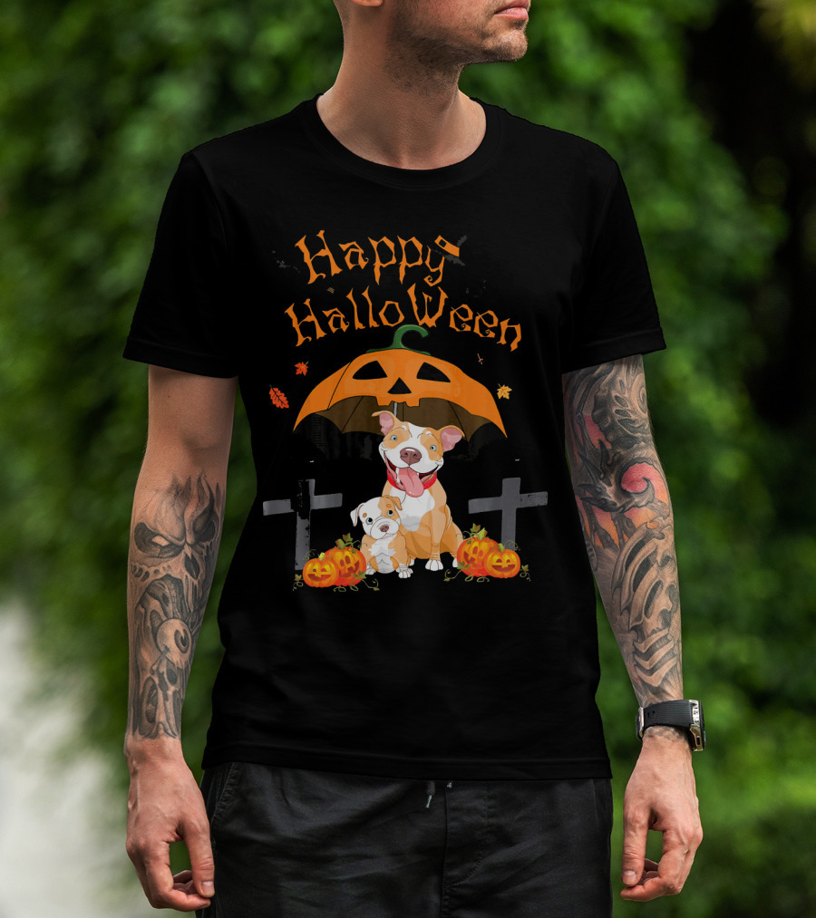 Happy Halloween Pumpkin Pitbulls With Jack O'Lantern And Crosses T-Shirt
