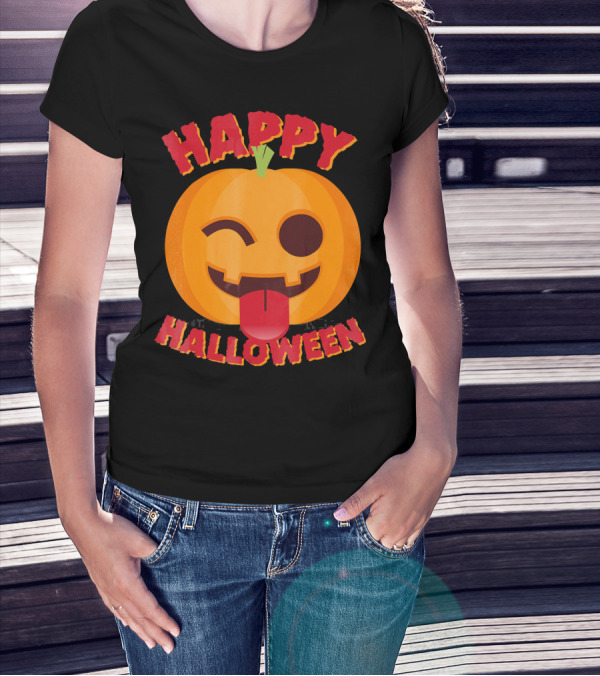 Happy Halloween Emoji Pumpkin Face With Tongue Out T-Shirt