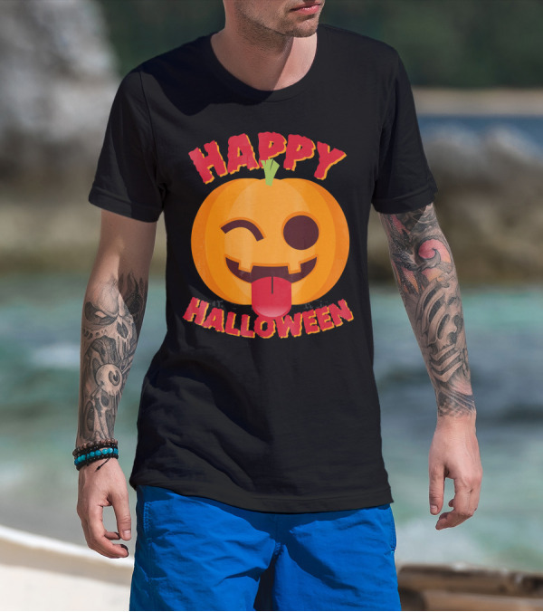 Happy Halloween Emoji Pumpkin Face With Tongue Out T-Shirt
