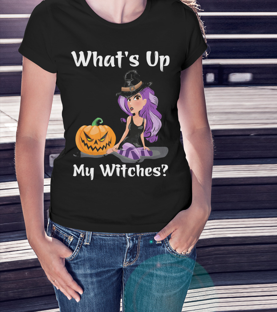 What's Up My Witches Funny Witch Pumpkin Halloween Purple Hat T-Shirt