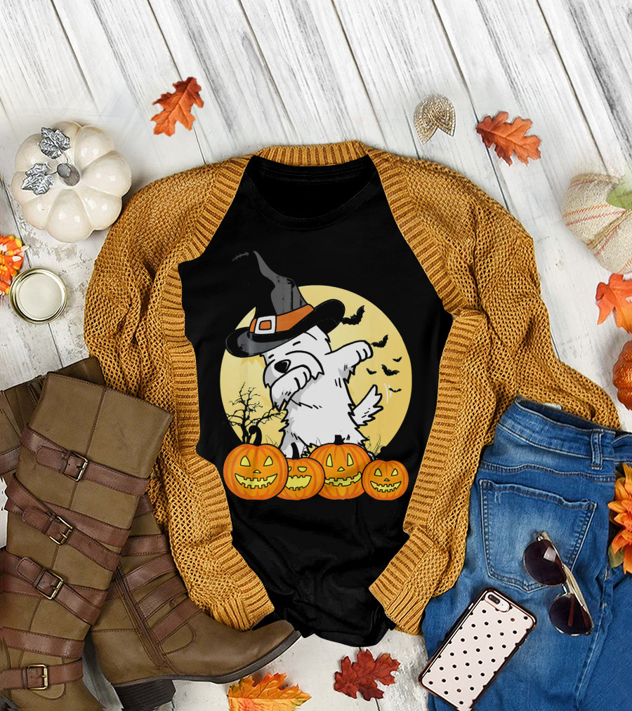 Funny Dabbing Westie Witch with Pumpkins and Bats Halloween Dog Dance T-Shirt