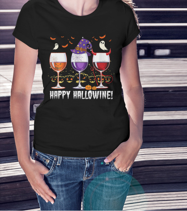 Happy Hallowine Ghosts Pumpkins Witch Hat Devil Horns Wine Glasses T-Shirt