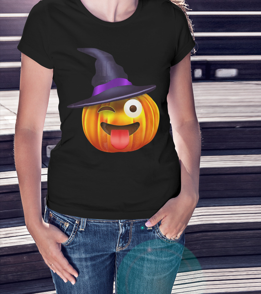 Halloween Costume Emoji Pumpkin Witch Hat Face T-Shirt