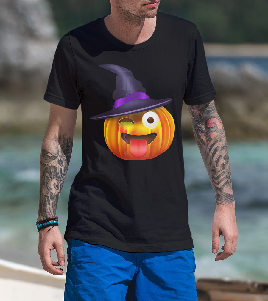 Halloween Costume Emoji Pumpkin Witch Hat Face T-Shirt