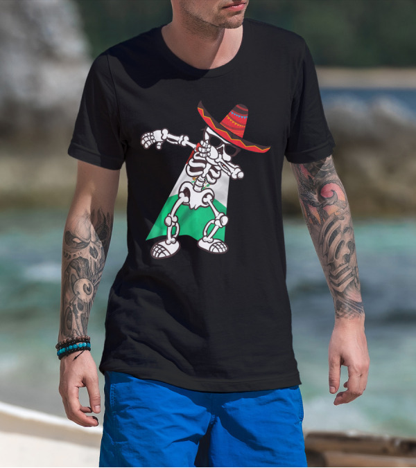 Cinco De Mayo Skeleton Dabbing With Sombrero And Mexican Flag Cape T-Shirt