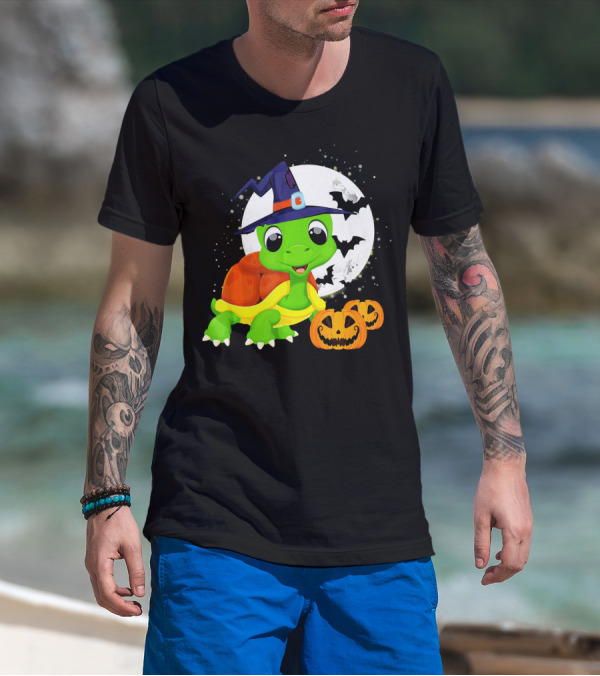 Turtle Witch Halloween Pumpkin Moon And Bats T-Shirt