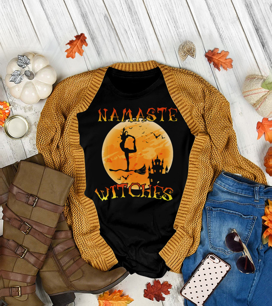 Namaste Witches Yoga Halloween Moon Castle T-Shirt