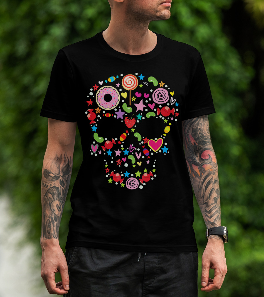 Candy Skull Día De Los Muertos Colorful Sweets And Stars T-Shirt