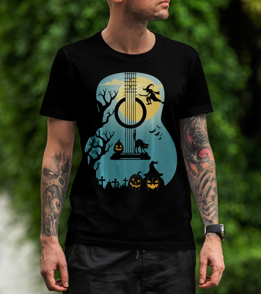 Halloween Guitar Witch Cat Pumpkins And Bat Scene T-Shirt