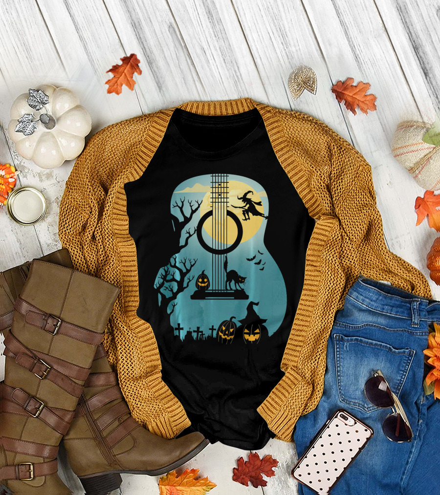 Halloween Guitar Witch Cat Pumpkins and Bat Scene T-Shirt