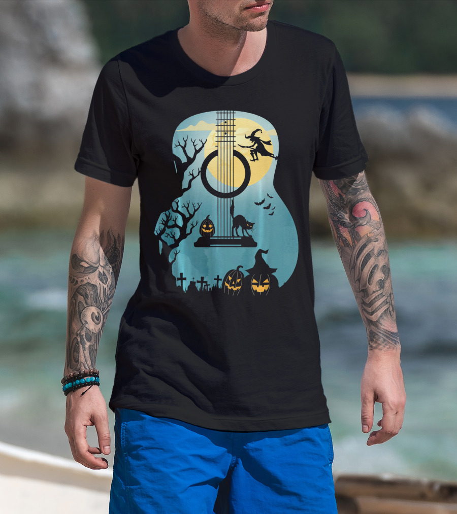 Halloween Guitar Witch Cat Pumpkins And Bat Scene T-Shirt