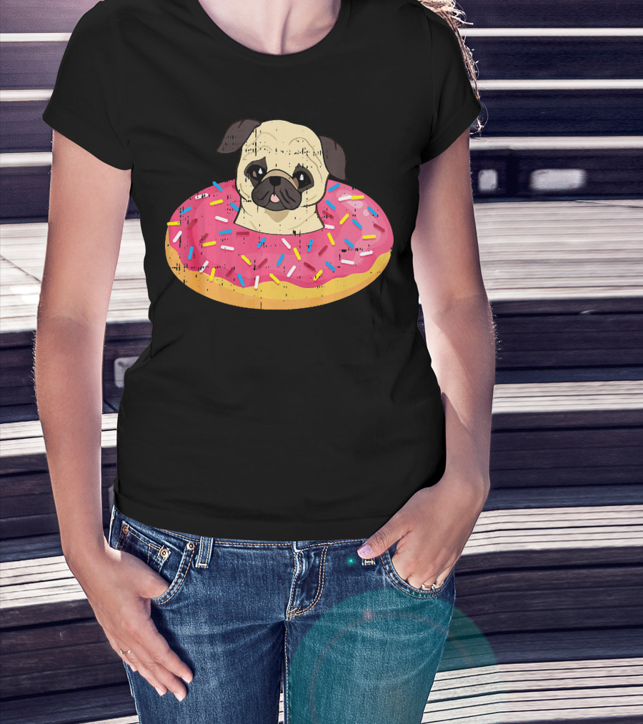 Pug Dog In Colorful Sprinkle Doughnut Floatie Pet Donut Cute T-Shirt