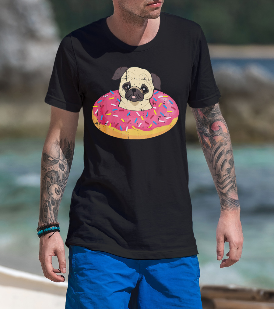 Pug Dog In Colorful Sprinkle Doughnut Floatie Pet Donut Cute T-Shirt