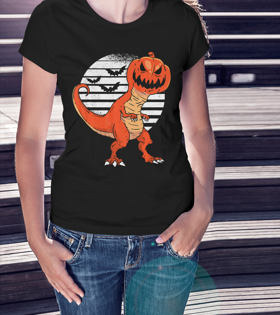 Funny Dinosaur Pumpkin Head Halloween With Bats T-Shirt