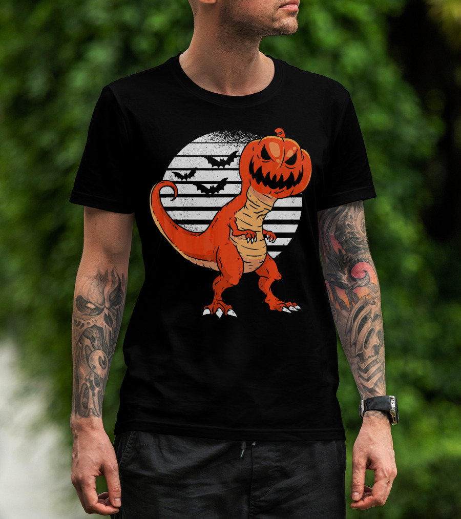 Funny Dinosaur Pumpkin Head Halloween With Bats T-Shirt