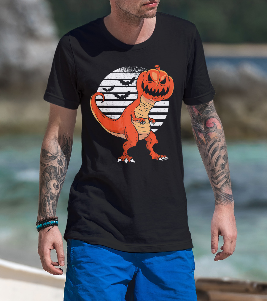 Funny Dinosaur Pumpkin Head Halloween With Bats T-Shirt