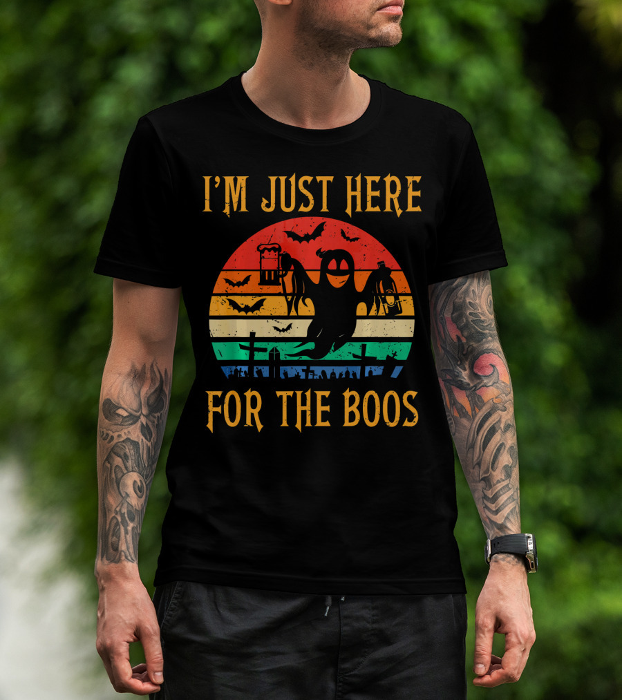 I'm Just Here For The Boos Halloween Ghost And Bats Retro Sunset T-Shirt