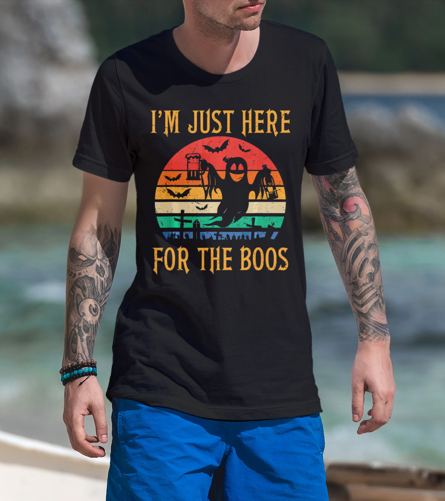 I'm Just Here For The Boos Halloween Ghost And Bats Retro Sunset T-Shirt