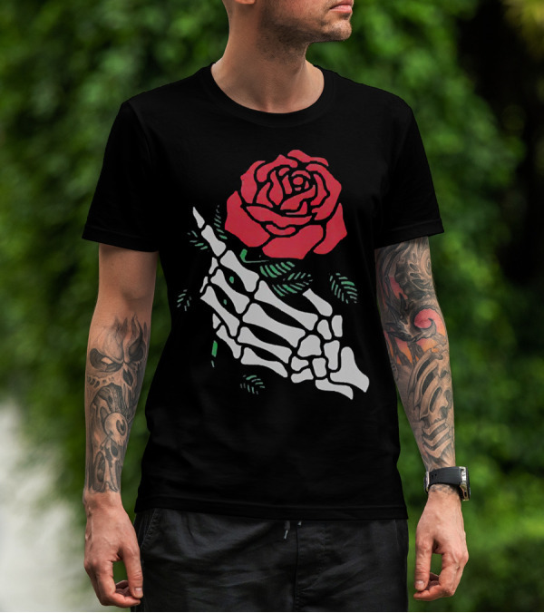 Rose White Skeleton Hand Holding Red Rose T-Shirt