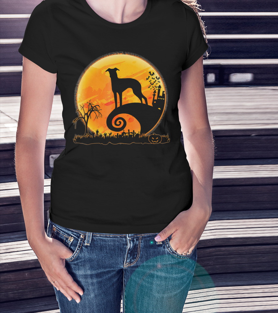 Italian Greyhound Dog Silhouette On Halloween Moon Night T-Shirt