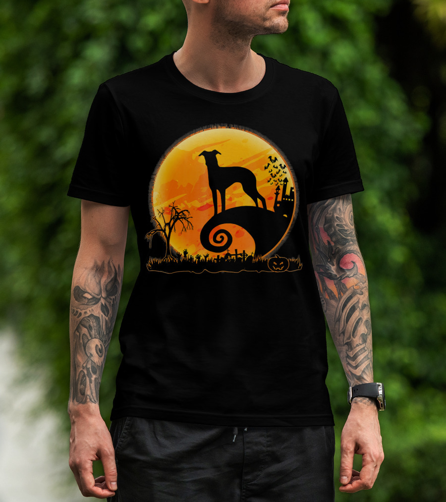 Italian Greyhound Dog Silhouette On Halloween Moon Night T-Shirt