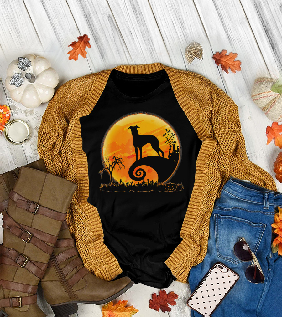 Italian Greyhound Dog Silhouette on Halloween Moon Night T-Shirt