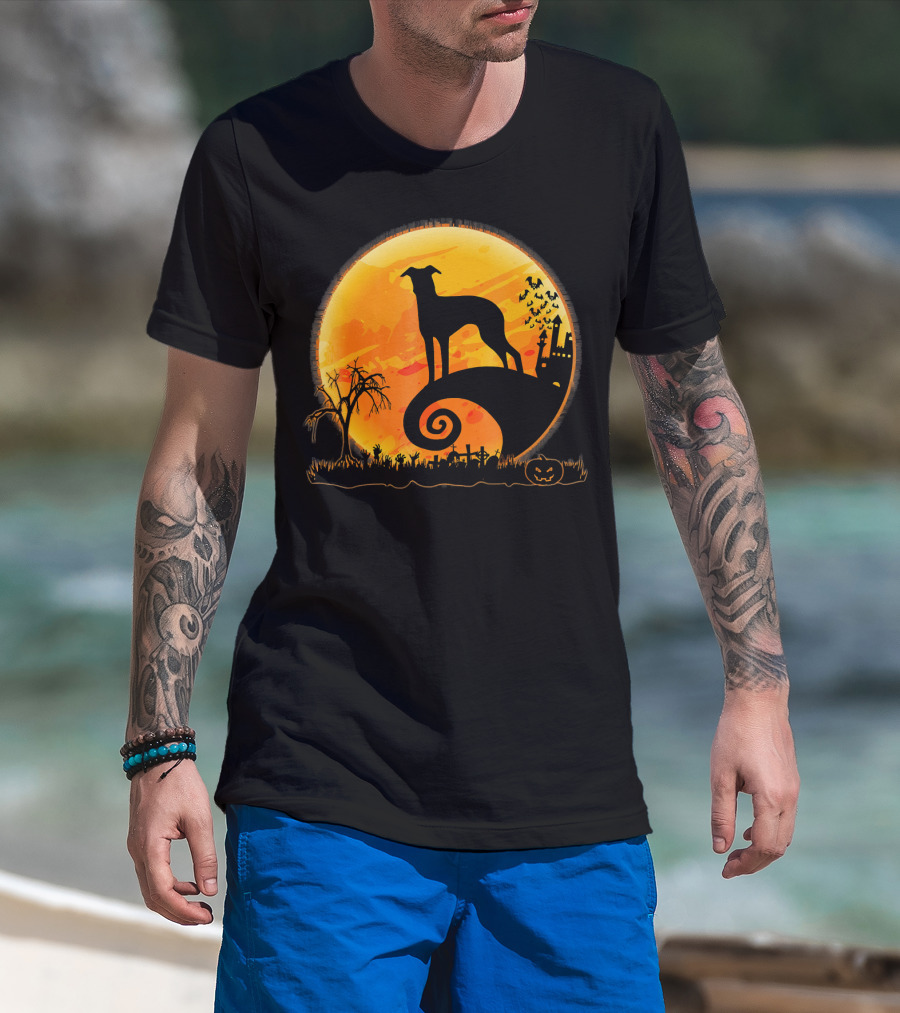 Italian Greyhound Dog Silhouette On Halloween Moon Night T-Shirt