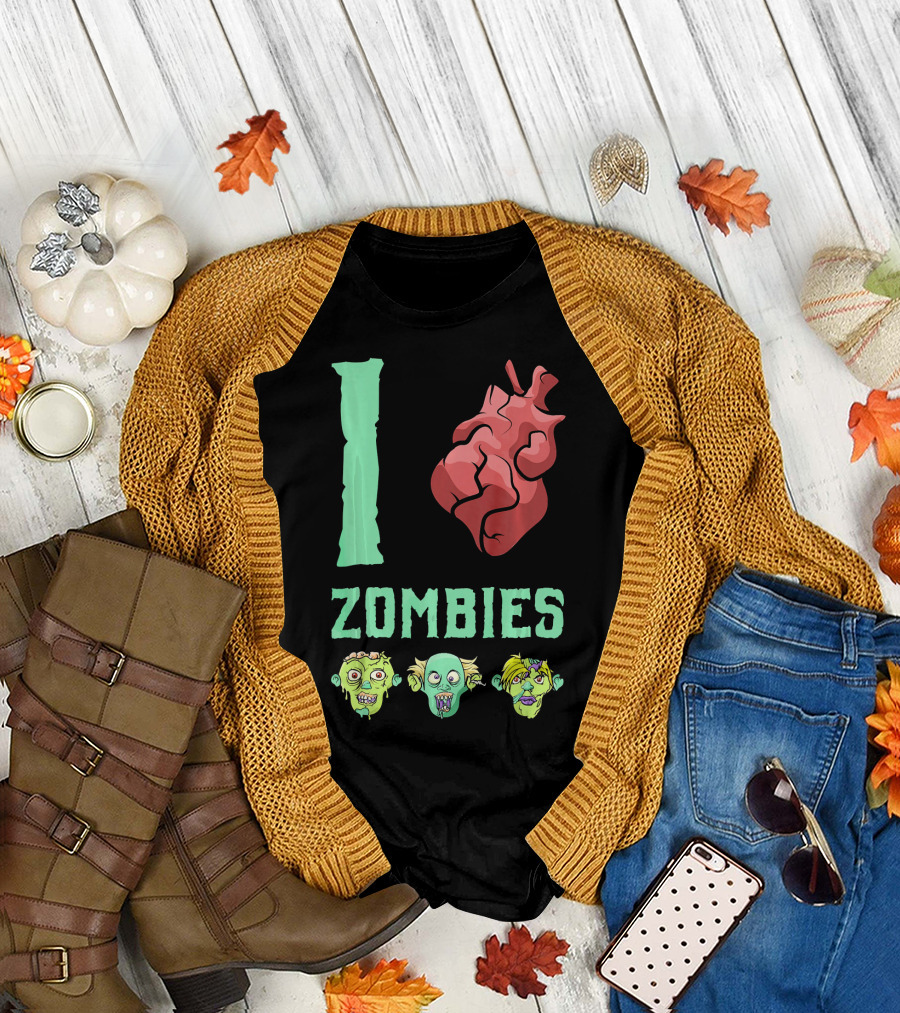 I Love Zombies Heart with Zombie Faces T-Shirt