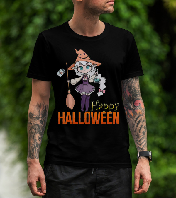 Happy Halloween Witch Anime Girl Cute Magic Potions And Broom T-Shirt