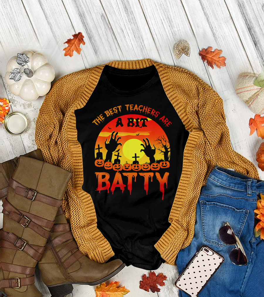 The Best Teachers Are A Bit Batty with Halloween Sunset Graveyard Hands and Pumpkins T-Shirt