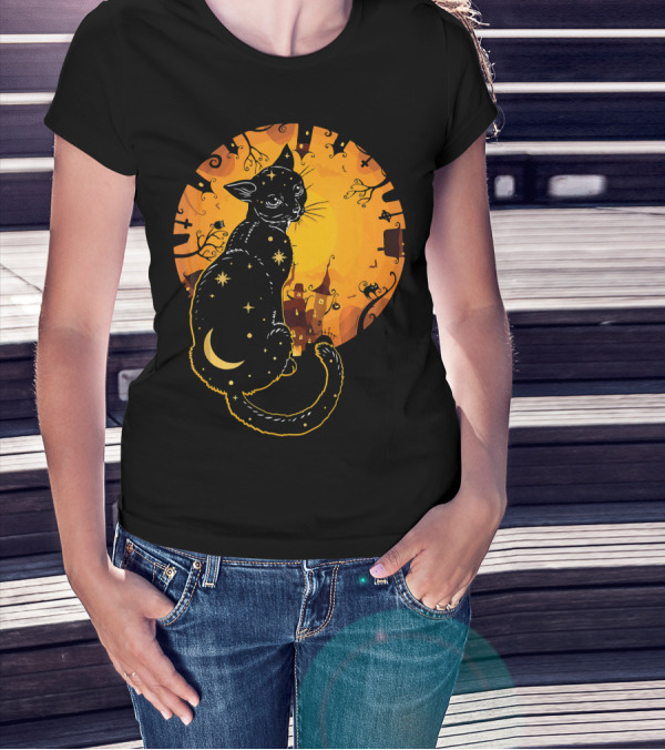 Halloween Black Cat With Stars And Moon In Haunted Landscape T-Shirt