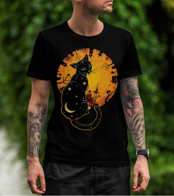 Halloween Black Cat With Stars And Moon In Haunted Landscape T-Shirt