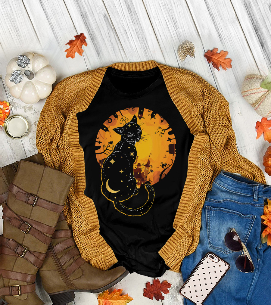 Halloween Black Cat with Stars and Moon in Haunted Landscape T-Shirt
