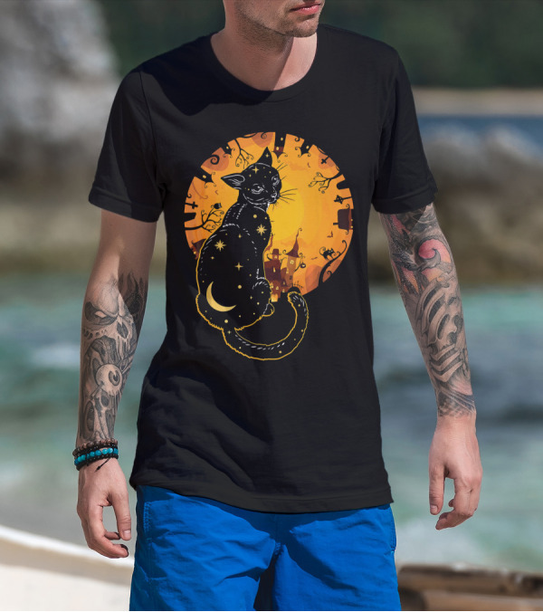 Halloween Black Cat With Stars And Moon In Haunted Landscape T-Shirt