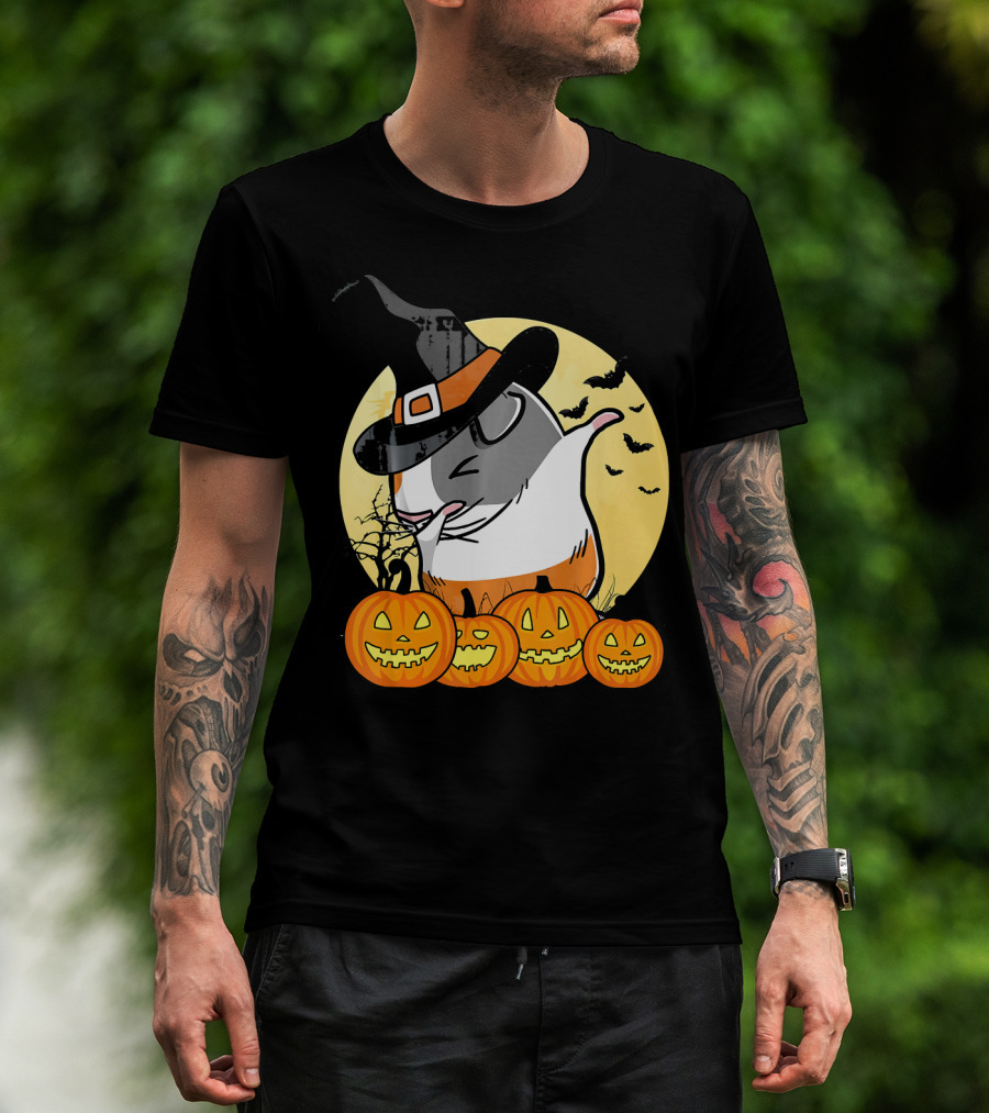 Witch Hat Dabbing Guinea Pig Halloween Pumpkins And Bats Moon Dance T-Shirt