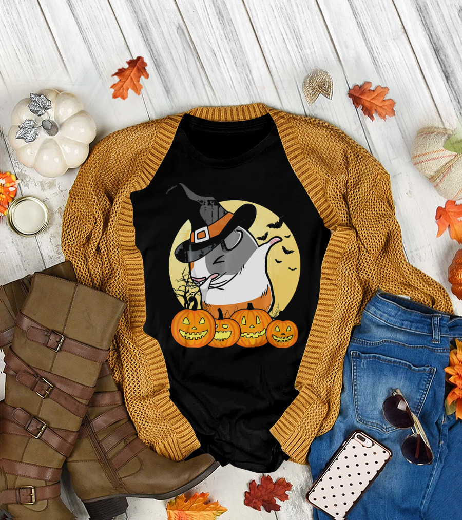 Witch Hat Dabbing Guinea Pig Halloween Pumpkins and Bats Moon Dance T-Shirt
