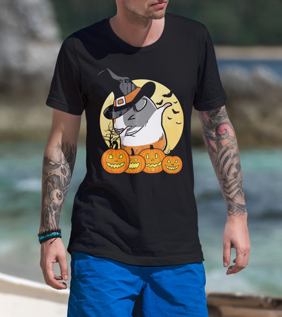 Witch Hat Dabbing Guinea Pig Halloween Pumpkins And Bats Moon Dance T-Shirt