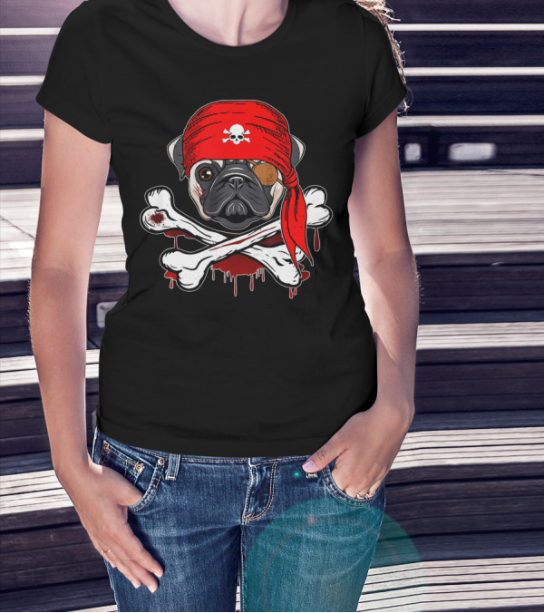 Funny Pirate Pug Dog With Skull Bandana And Crossbones T-Shirt