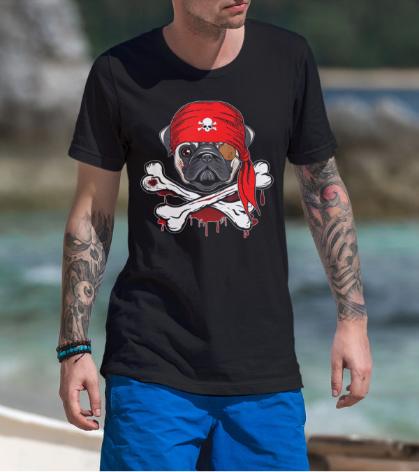 Funny Pirate Pug Dog With Skull Bandana And Crossbones T-Shirt